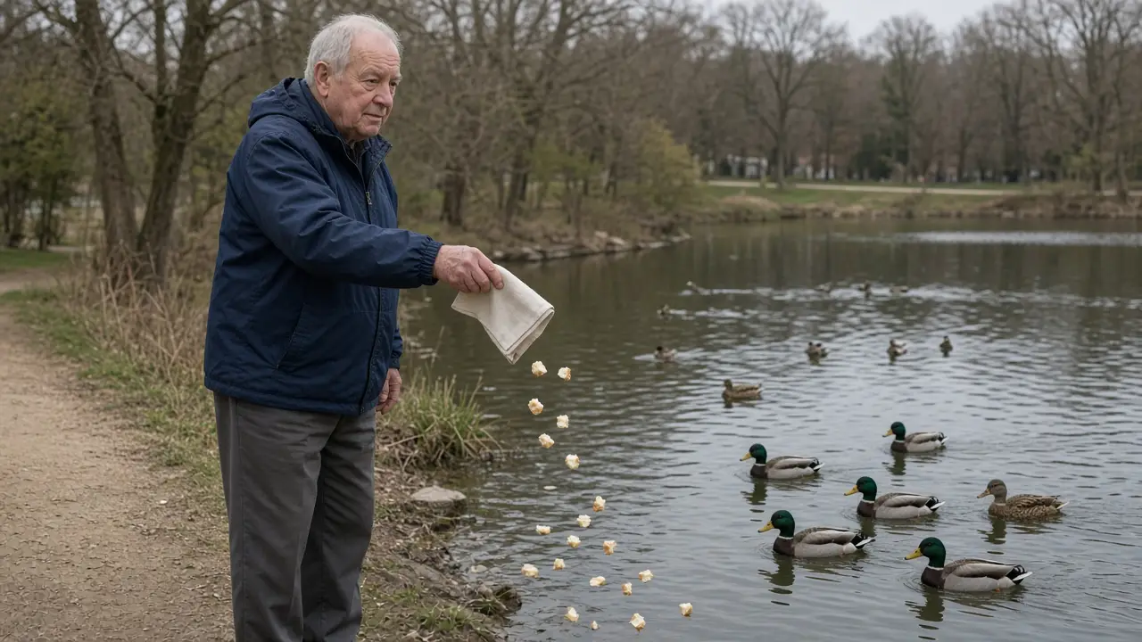 A man about 71 stands on a pond path and tosses bread to ducks from a folded napkin.