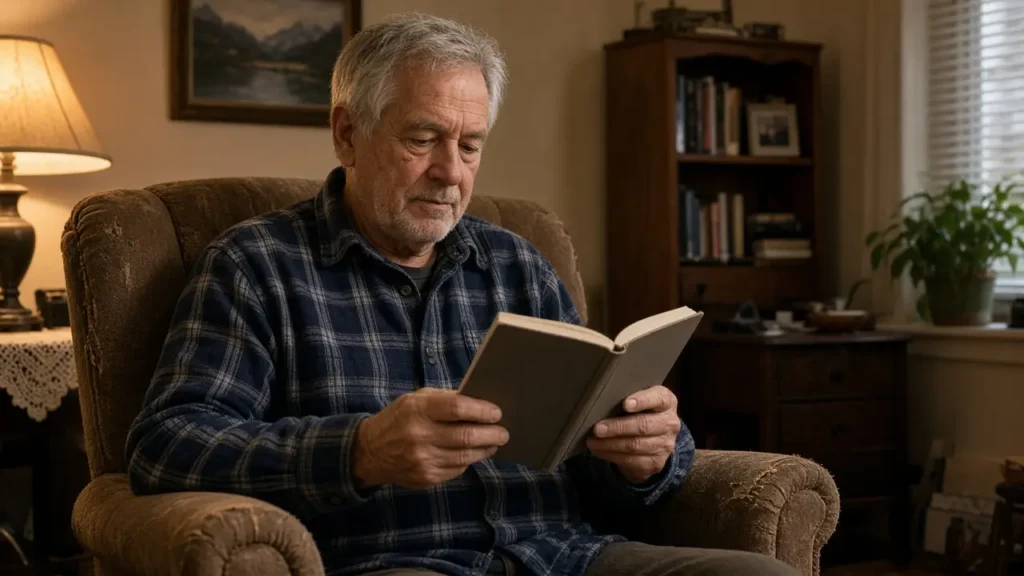 A man about 68 reads a paperback in an armchair.