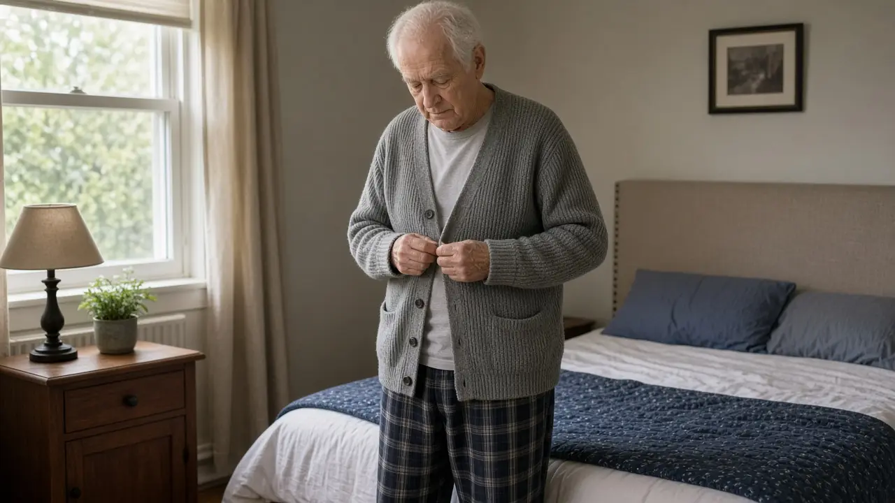 A man about 71 buttons a cardigan beside a made bed.