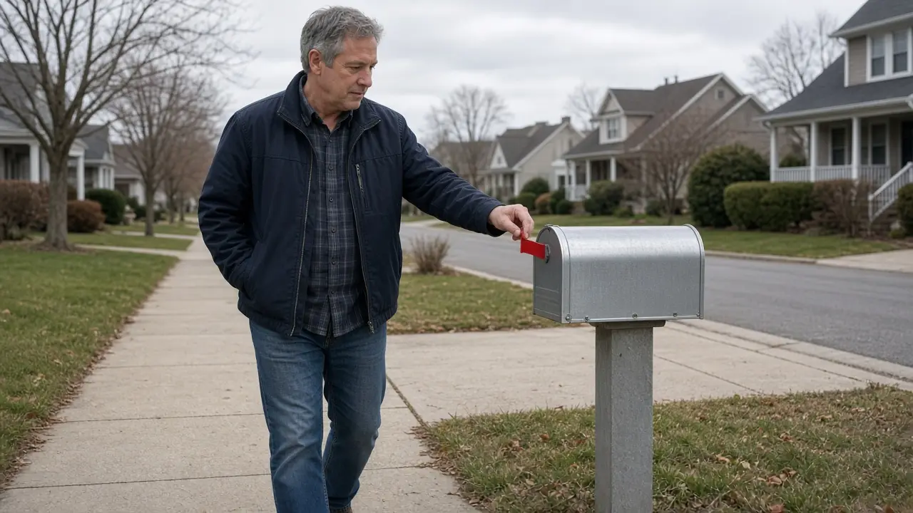 A man about 58 checks a curbside mailbox.