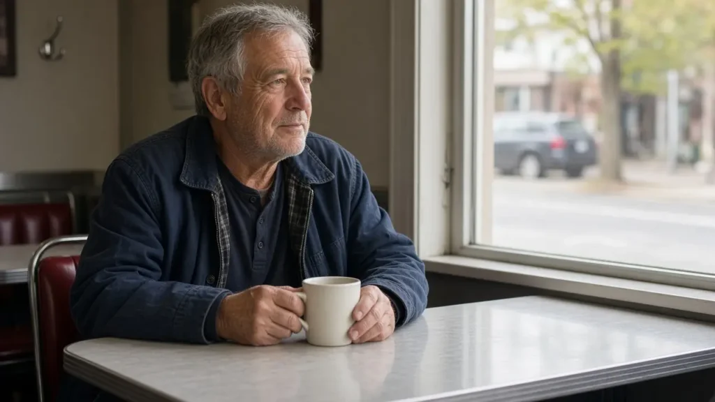 A man about 65 sits at a diner counter with a coffee mug.