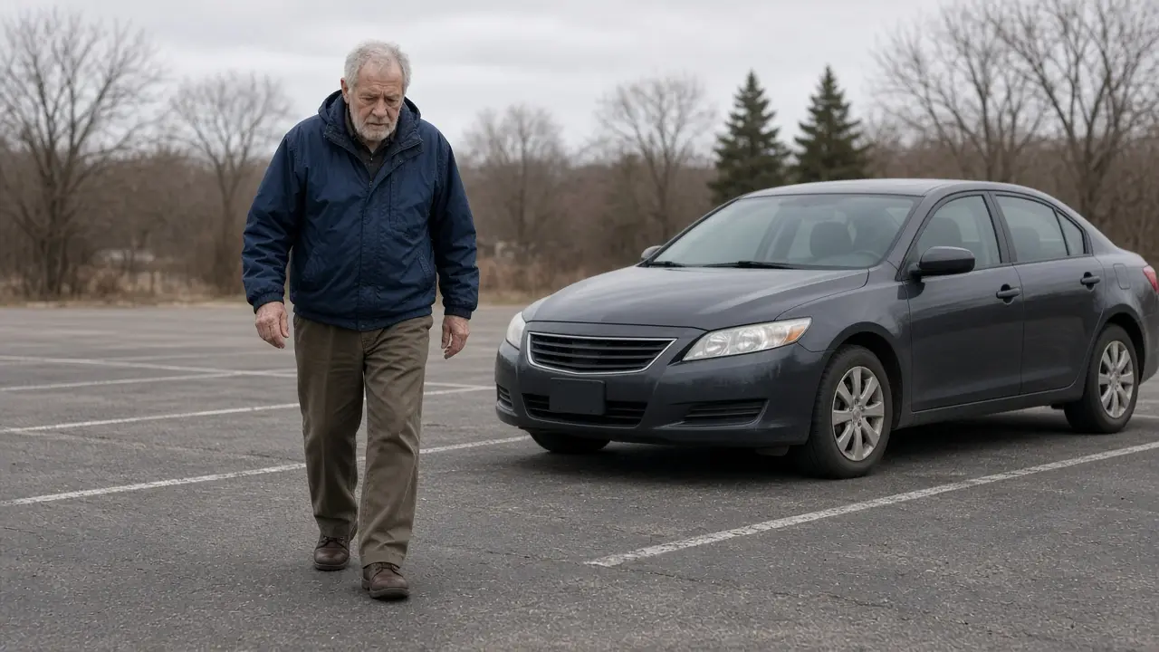 A man about 73 walks across a parking lot toward a car.