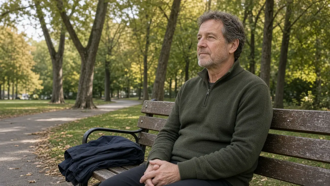 A man about 58 sits on a park bench with a jacket beside him.