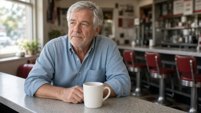 A man in his late sixties sits at a diner counter with a plain mug.