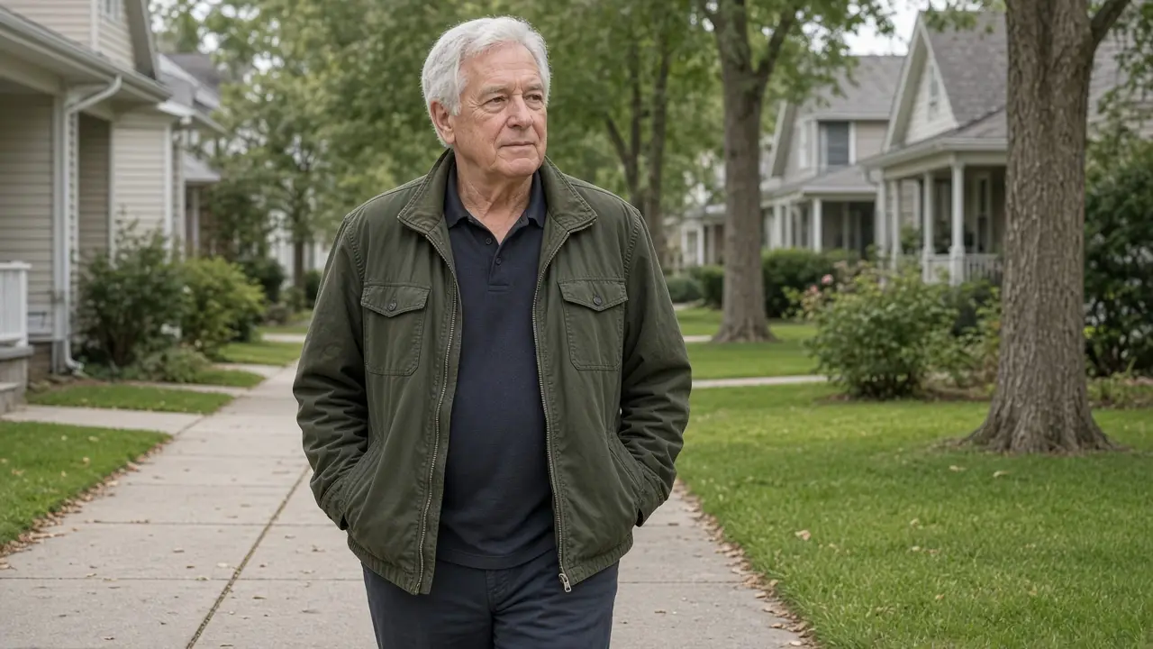 A man in his early seventies walks a quiet suburban sidewalk with his hands in his jacket pockets.
