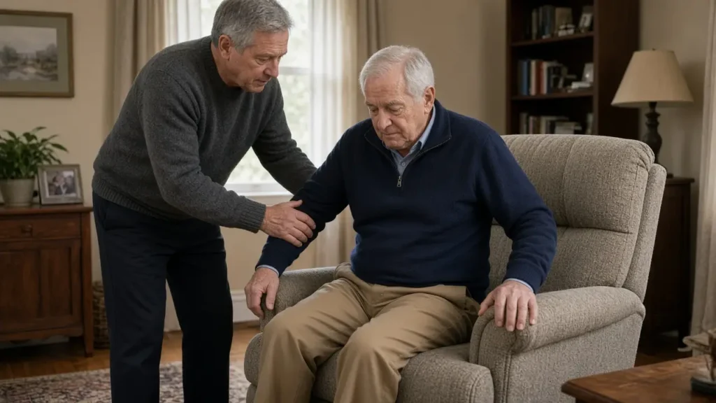 A man about 58 helps a man about 76 sit into a recliner.