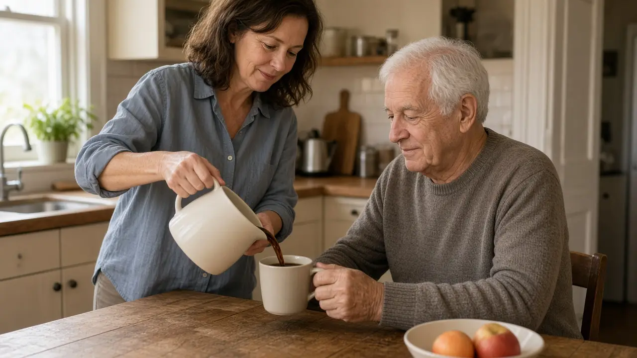 A woman about 52 pours coffee for a man about 74 at the kitchen table.