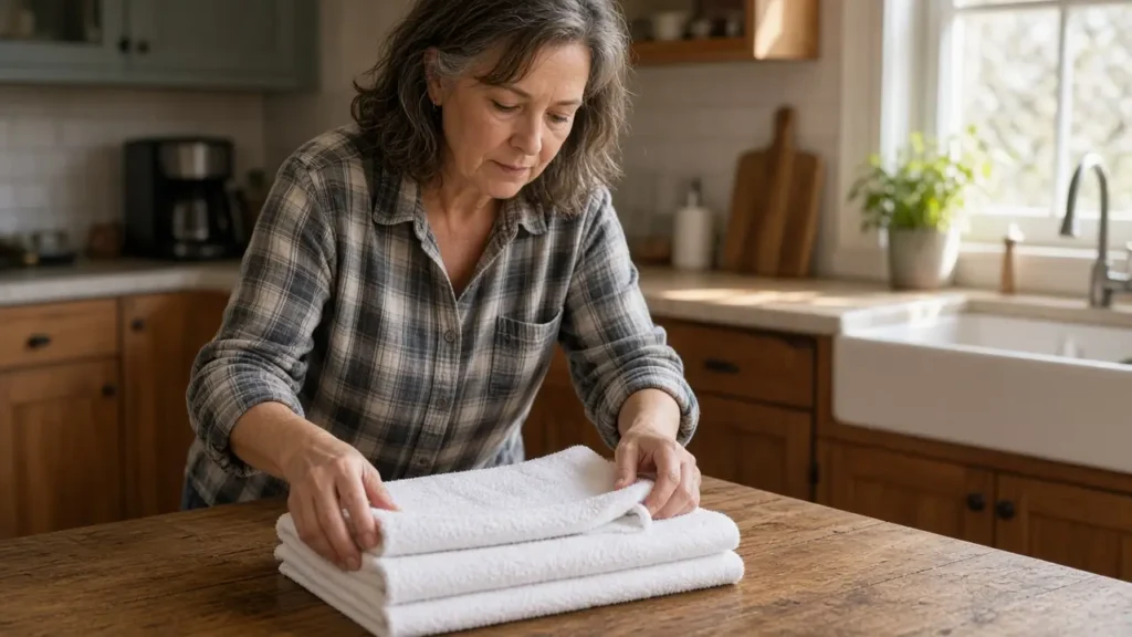 A woman about 58 folds plain towels on a kitchen table.