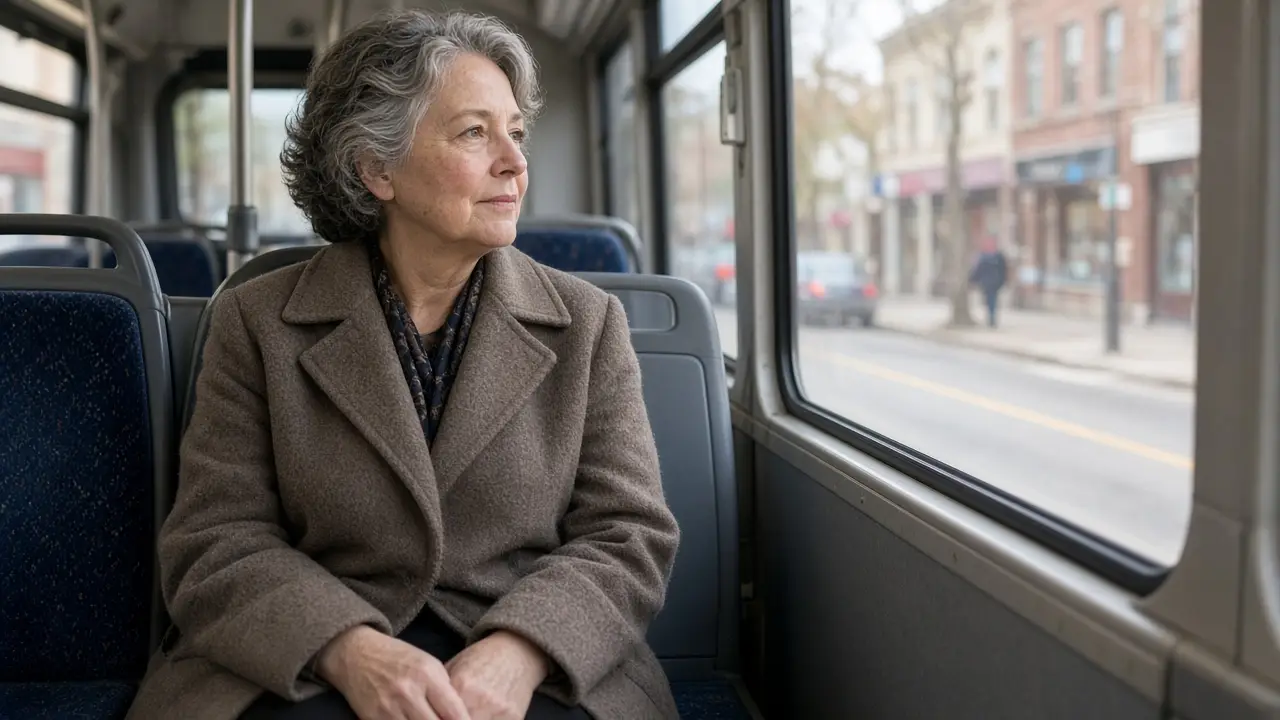 A woman about 64 in a wool coat looks out a bus window.