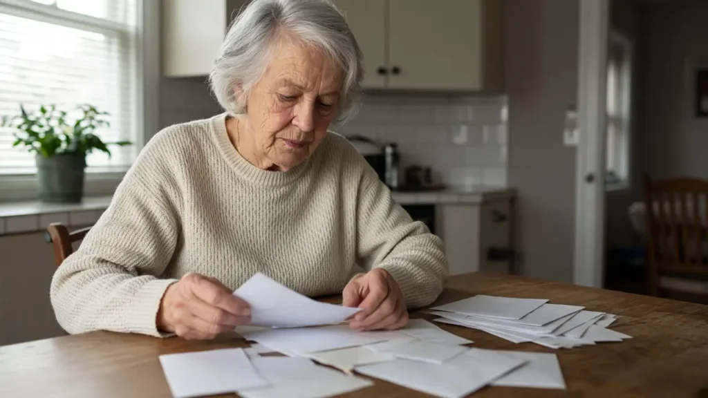 A woman about 74 sorts mail at a kitchen table.