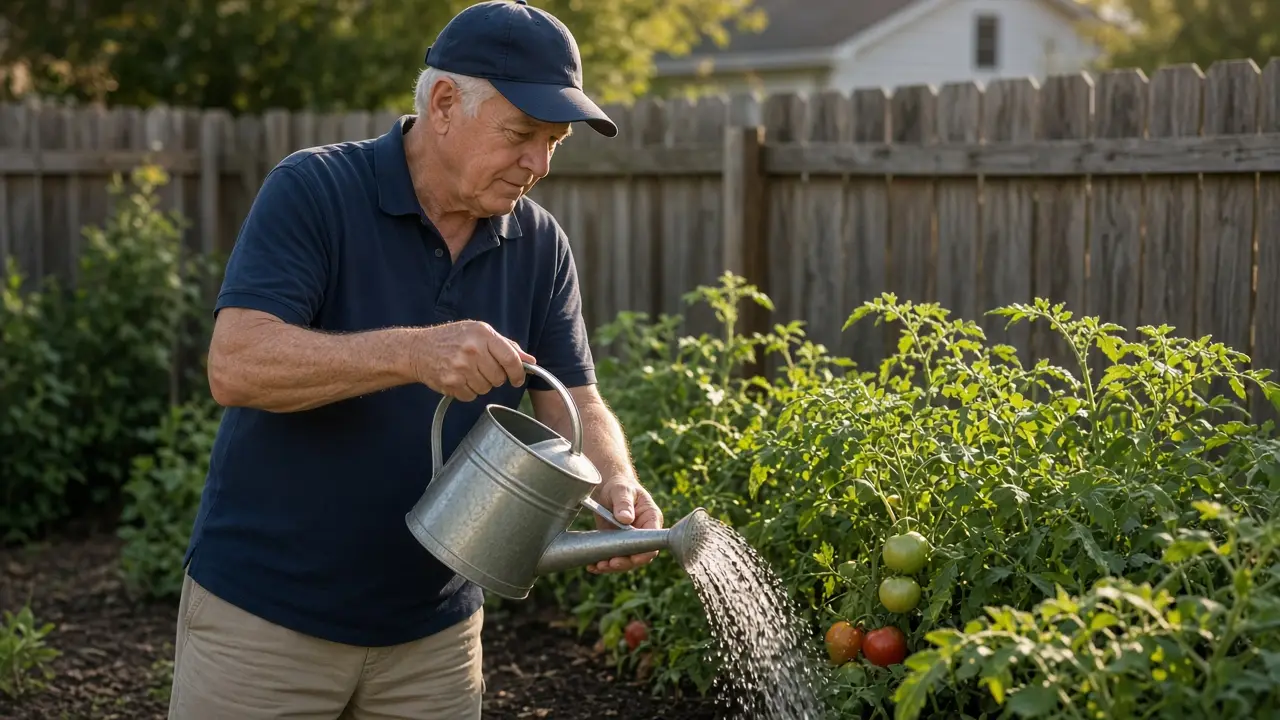A man about 66 waters tomato plants in a backyard.