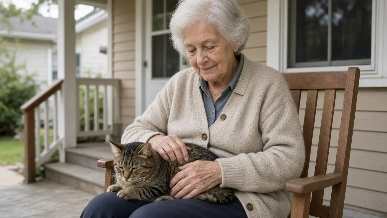 A woman about 81 sits on a porch with a cat.