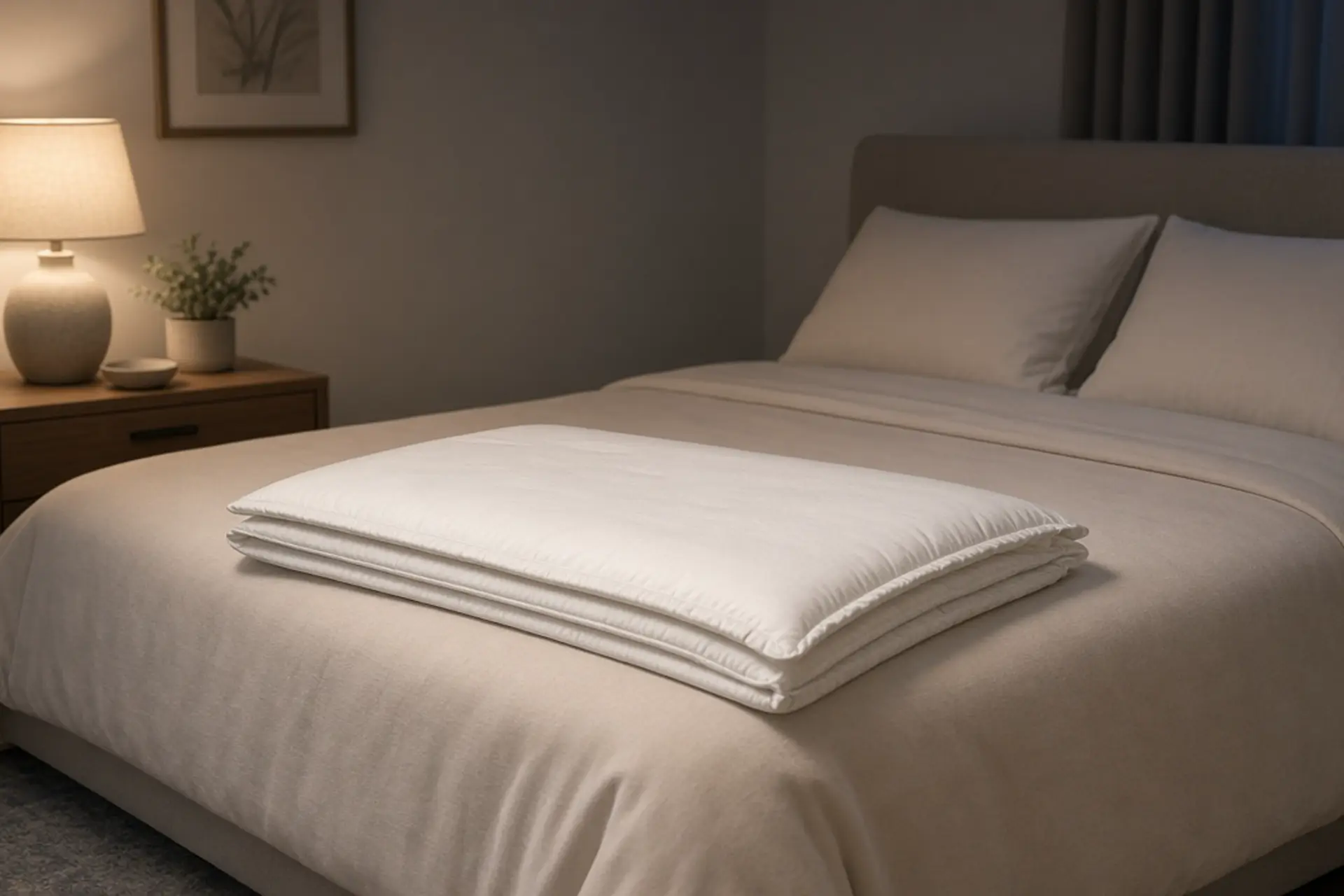 Folded white underpad on a made bed