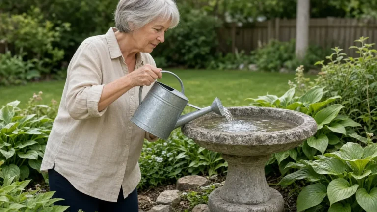 A woman about 64 fills a backyard birdbath with a watering can.
