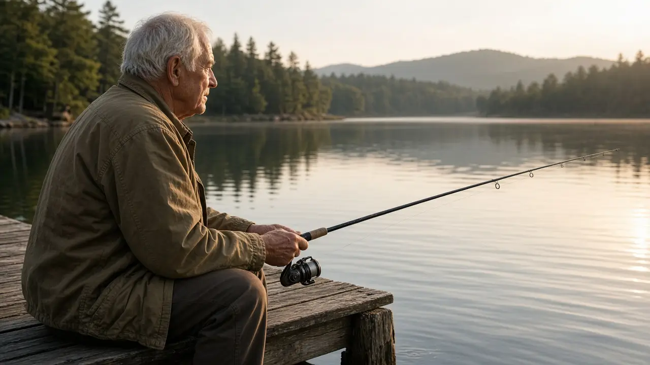 A man about 70 sits on a wooden dock with a fishing rod.