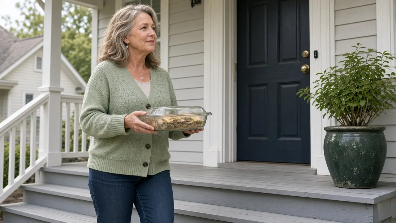 A woman about 56 carries a glass casserole up a neighbor's porch steps.
