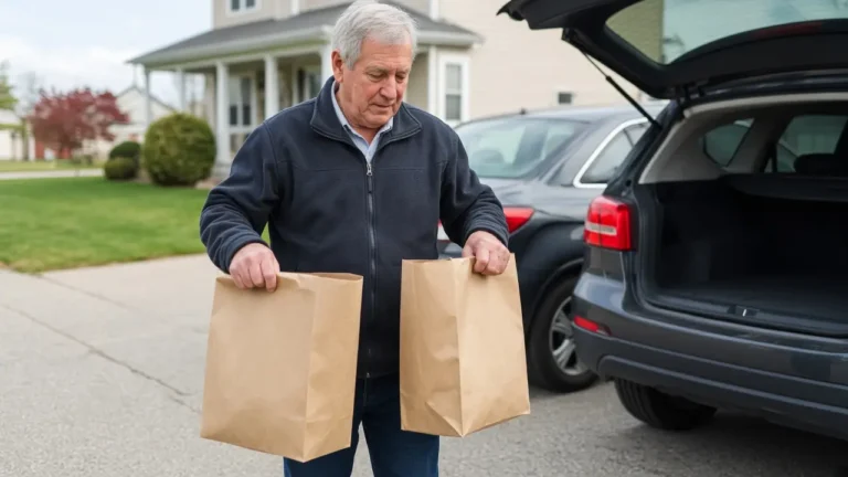 A man about 69 carries grocery bags from a parked car.