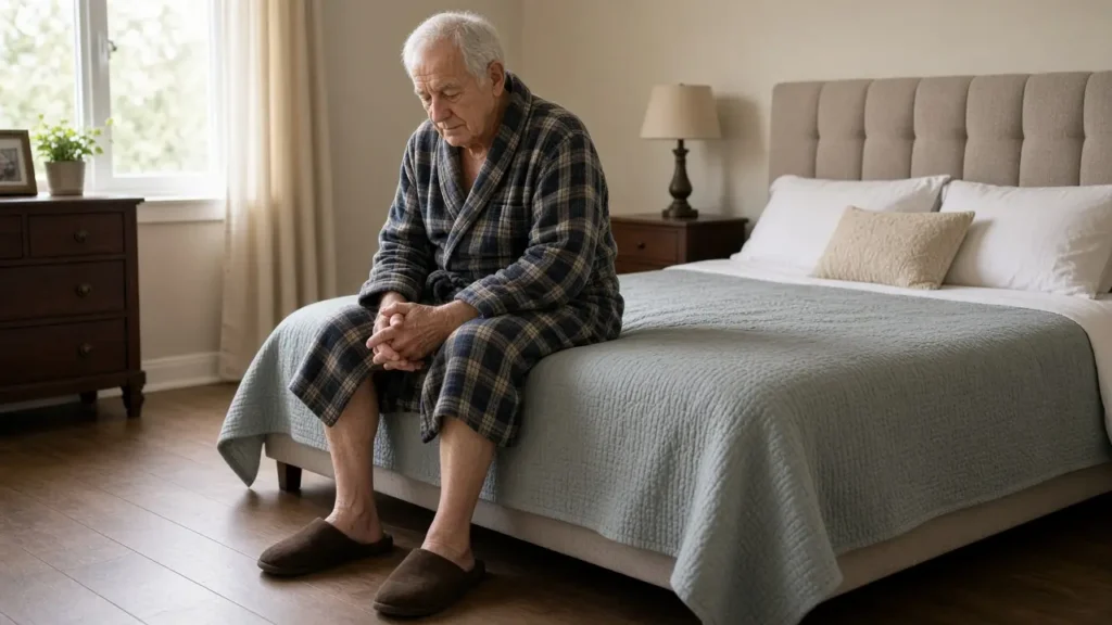 A man about seventy-four sits on the edge of a made bed in a flannel robe.