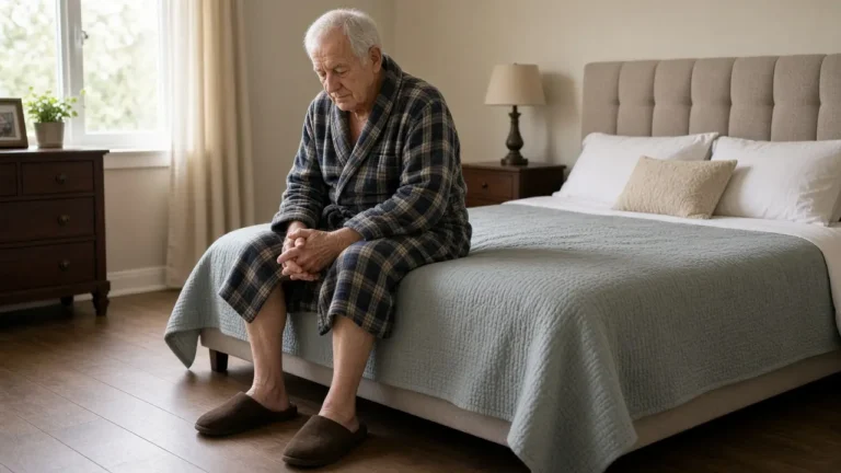A man about seventy-four sits on the edge of a made bed in a flannel robe.