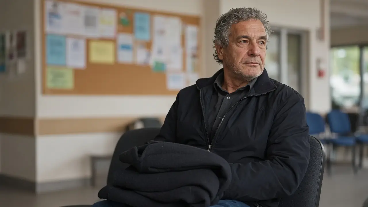 A man about sixty waits in a community center lobby with a coat on his lap.