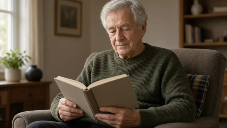 A man about 70 reads a hardcover book in a living room.