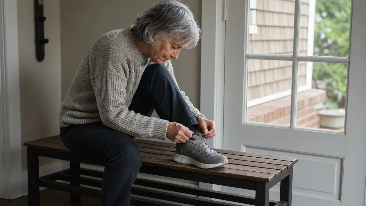 A woman about 64 ties her shoe by a front door.