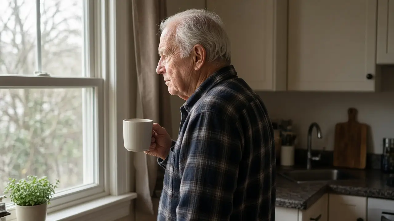 A man about 77 looks out a kitchen window with a mug in hand.