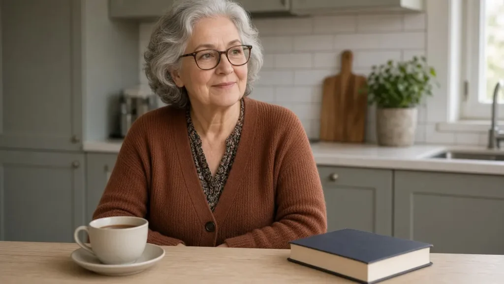 A woman with glasses drinks tea at a kitchen table beside a closed paperback.