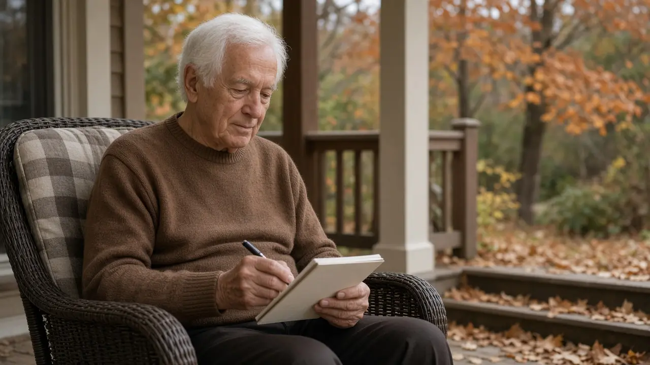 A white-haired man in a brown sweater sits on a porch with a blank notepad.