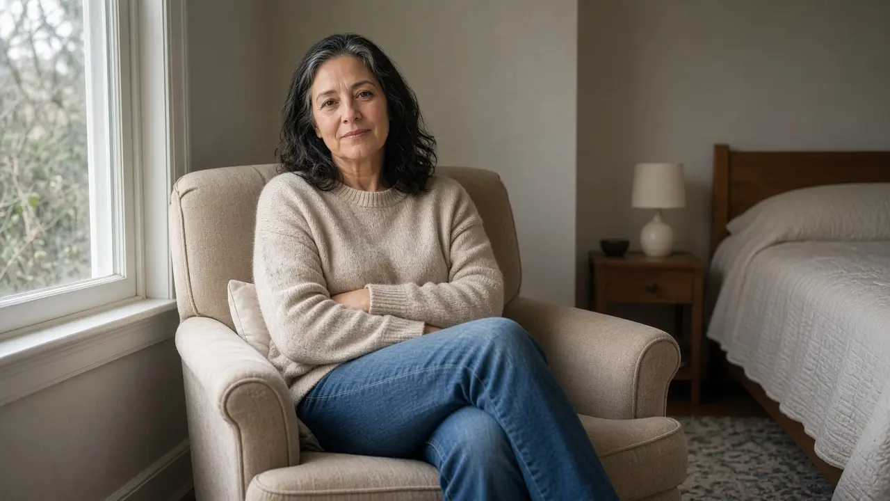 A woman sits in an armchair by a bedroom window, sweater and jeans, no products in view.