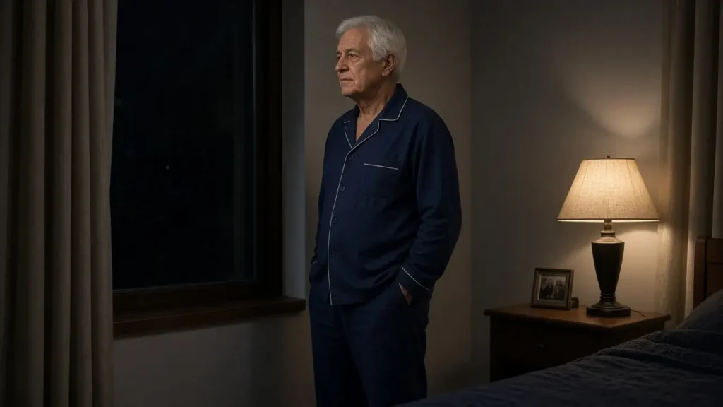 A white-haired man in navy pajamas stands near a lamp in a bedroom corner.