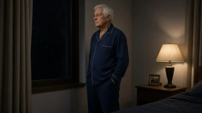 A white-haired man in navy pajamas stands near a lamp in a bedroom corner.