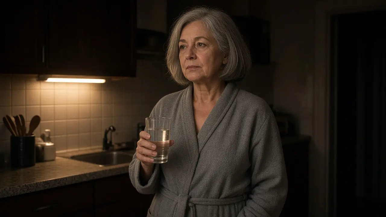 A woman in a gray robe holds a glass of water in a dim kitchen at night.