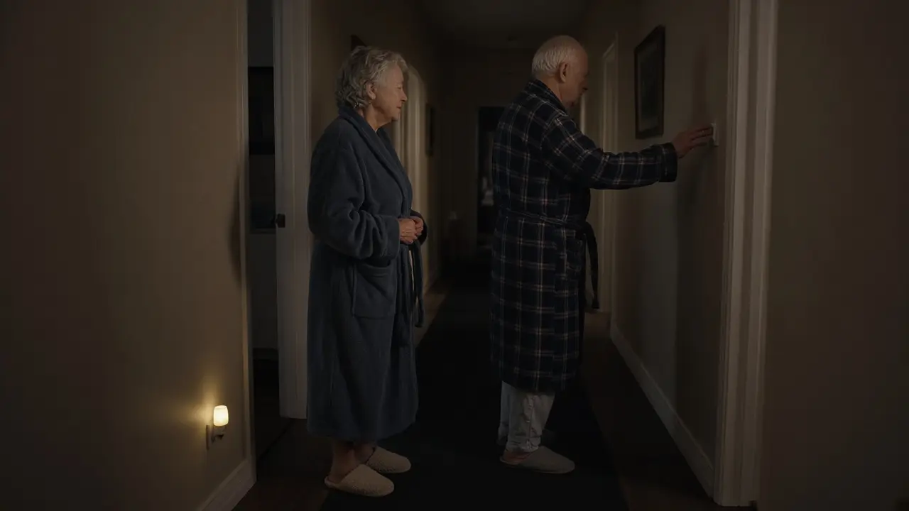 An older couple stands in a hallway lit by a small night-light.