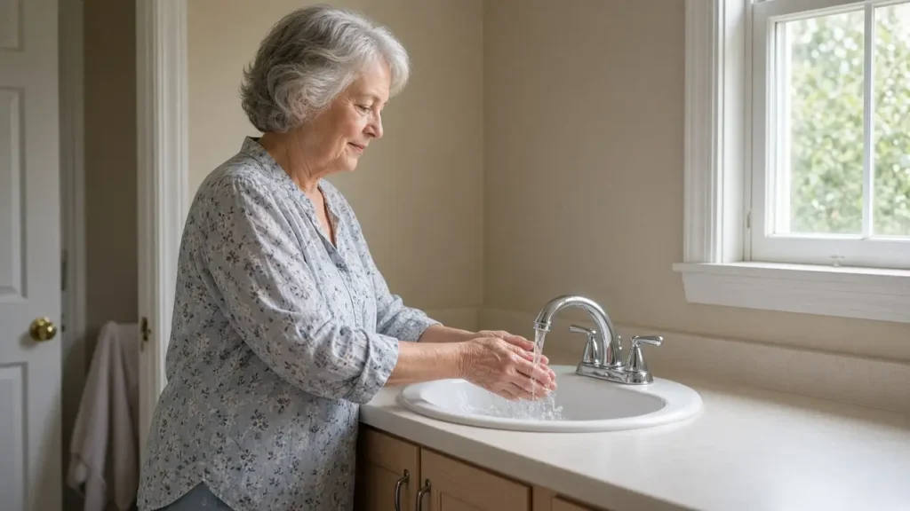 A woman about 71 washes her hands at an empty bathroom sink.