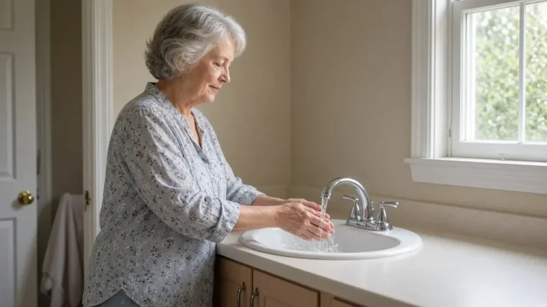 A woman about 71 washes her hands at an empty bathroom sink.