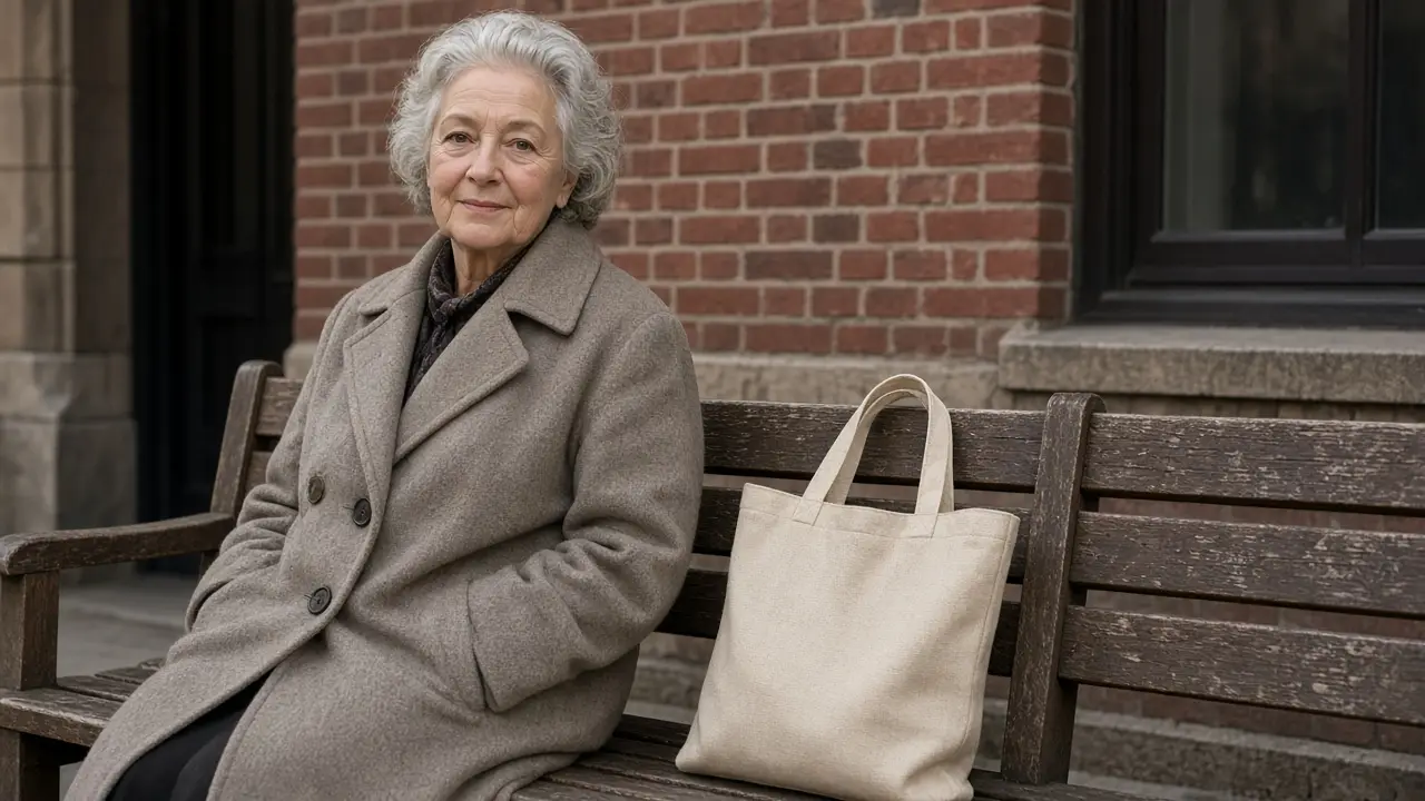 A woman about 67 sits on a bench outside a brick building with a tote.