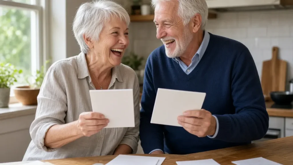 A couple in their late sixties comparing two plain pads at a kitchen counter