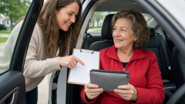 A woman in a red jacket in a car, with her daughter pointing at a checklist