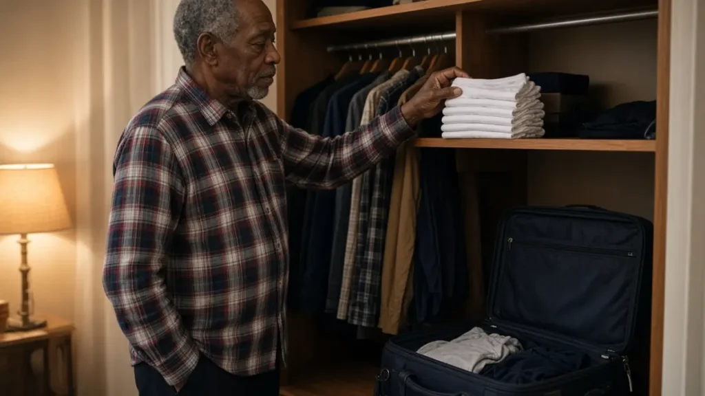 A man in a plaid shirt taking folded white underwear from a closet shelf
