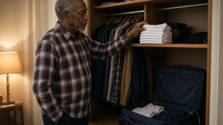 A man in a plaid shirt taking folded white underwear from a closet shelf