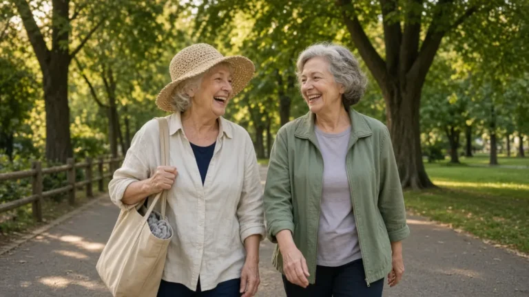 Two women walking and talking on a park path