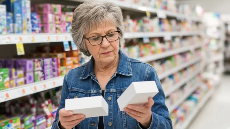 A woman in a denim jacket comparing two plain boxes in a store aisle