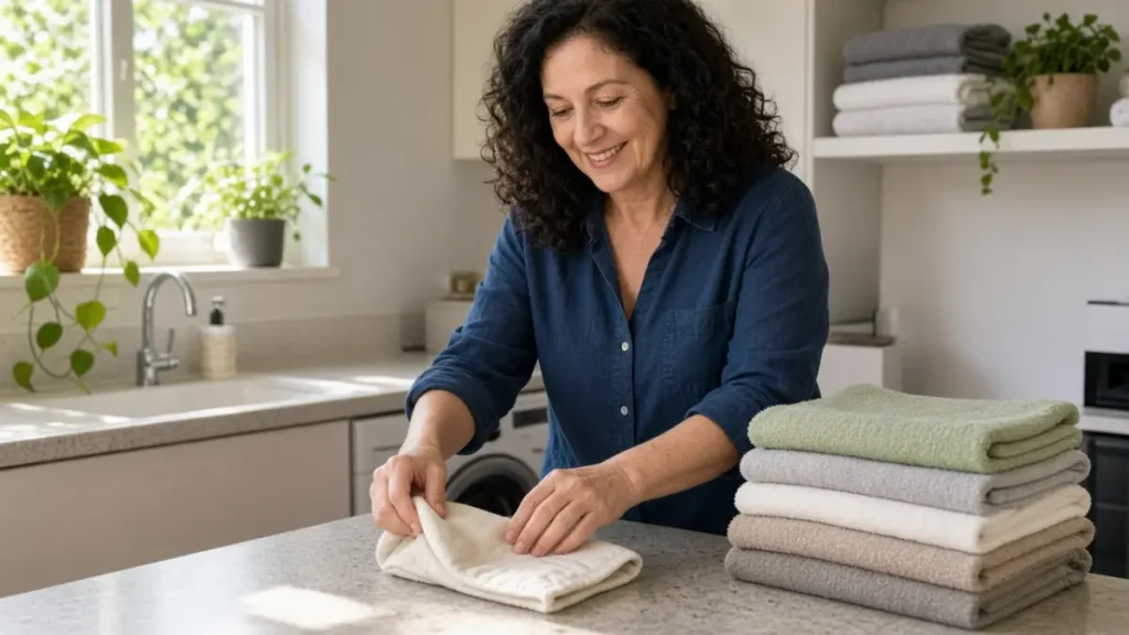 A woman folding a cloth pad beside a stack of towels