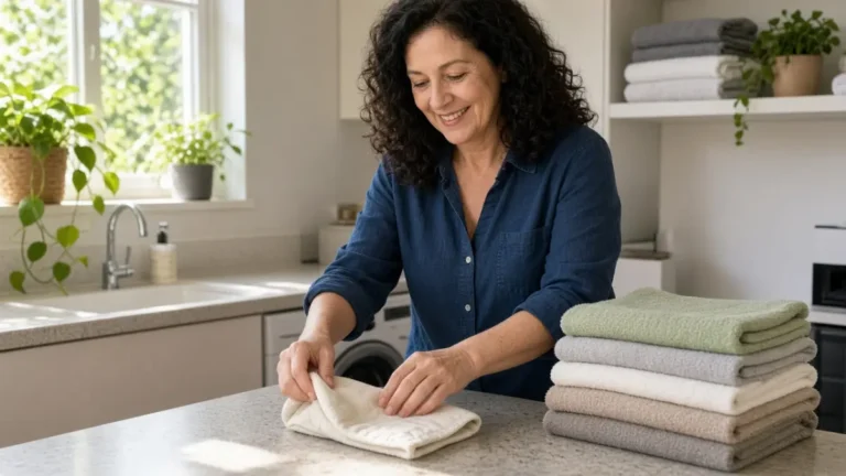 A woman folding a cloth pad beside a stack of towels