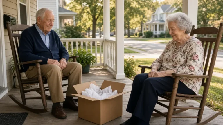 An older couple on a porch with an open delivery box between them