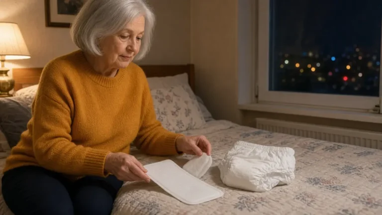 A woman in a mustard sweater comparing a thin pad and a thicker brief by a night window