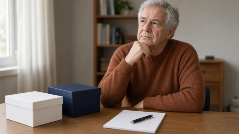 A man at a desk considering two plain boxes
