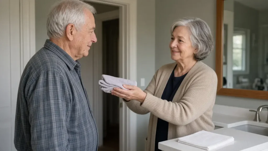 A couple in a bathroom, one handing over a folded washcloth