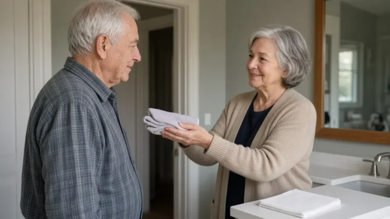 A couple in a bathroom, one handing over a folded washcloth